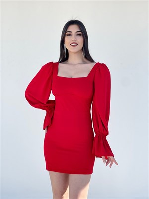 Kırmızı Kare Yaka Mini Elbise