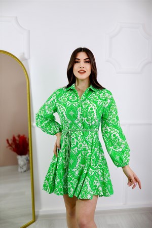 TheElsa | GİYİM | TAKI | Yeşil Desenli Halat Kuşaklı ElbiseELBİSEYeşil Desenli Halat Kuşaklı Elbise